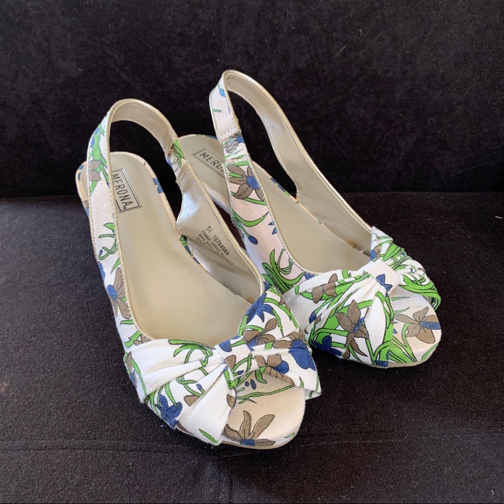 EUC Merona Floral Botanical Print Wedge Sandals Shoes Vintage Women’s 5.5